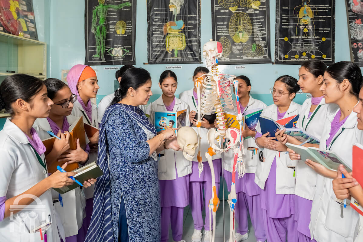 Teacher and students in anatomy lab lesson at Guru Nanak College of Nursing Dhahan Kaleran near Banga and Phagwara